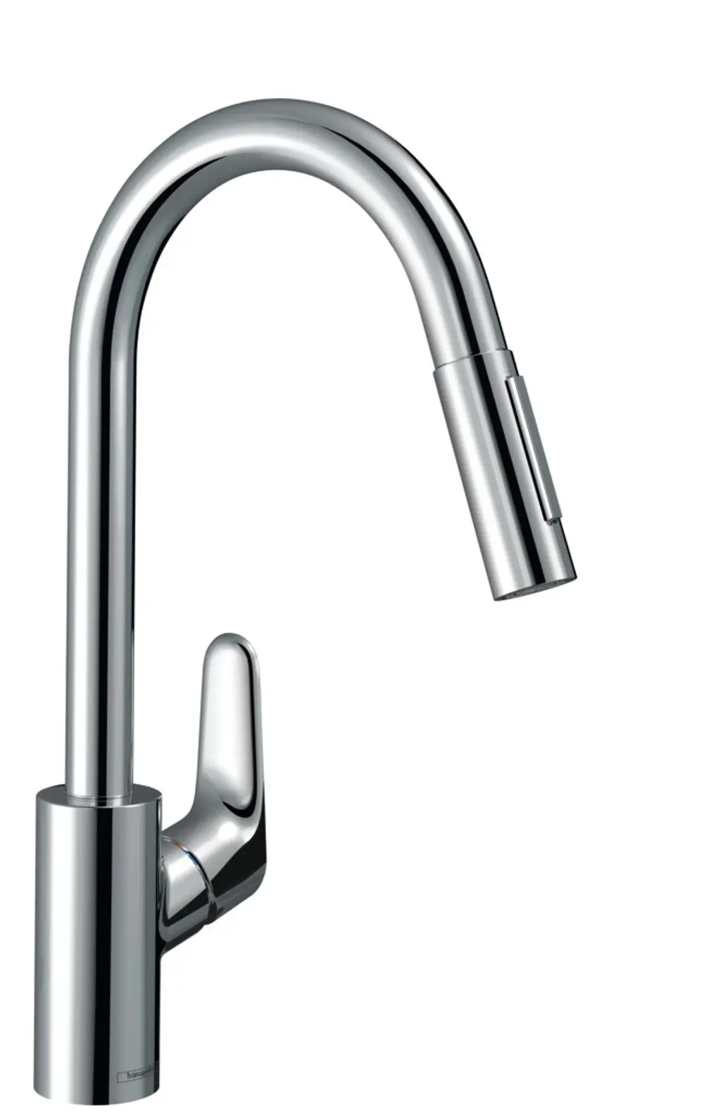 Küchenmischer mit hohem Auslauf und ausziehbarer Brause. Der Hebel ist seitlich angebracht und das Finish ist in Chrom. Produkt von Hansgrohe.